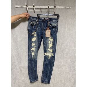 Smugglers Moon Jeans Men 34X35 Selvedge Distressed Key Chain Skull Grunge NWT‎